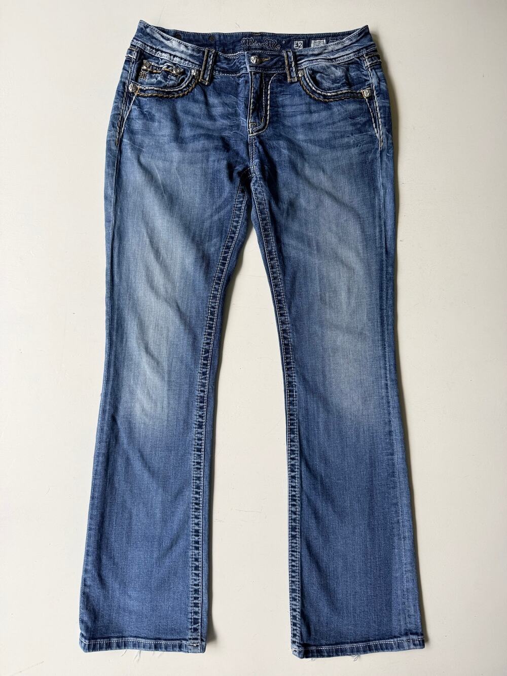 Miss Me Signature Bootcut Jeans Womens 32 Blue Denim Thick Stitch Embellished